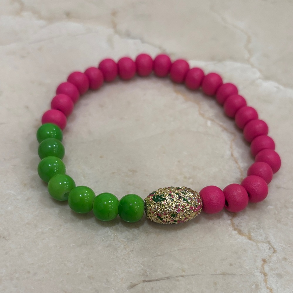 Pink and Green Beaded Stretch Bracelet with Gold Accent